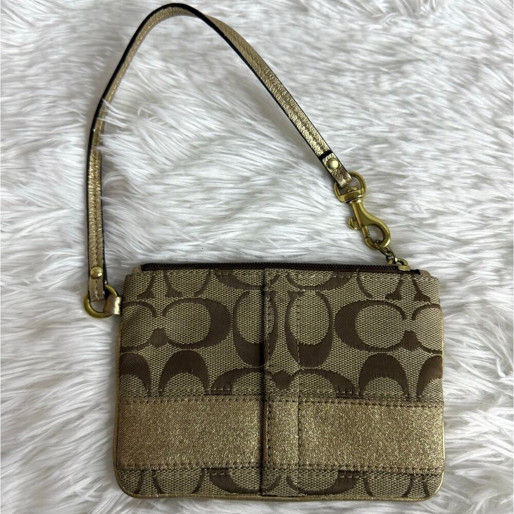 COACH Brown Gold Signature Canvas Wristlet